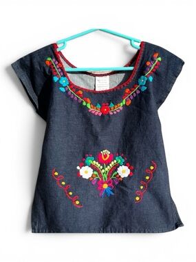 Traditional Puebla Mexican Size4 Girl Denim Embroidered Floral Blouse 100%Cotton